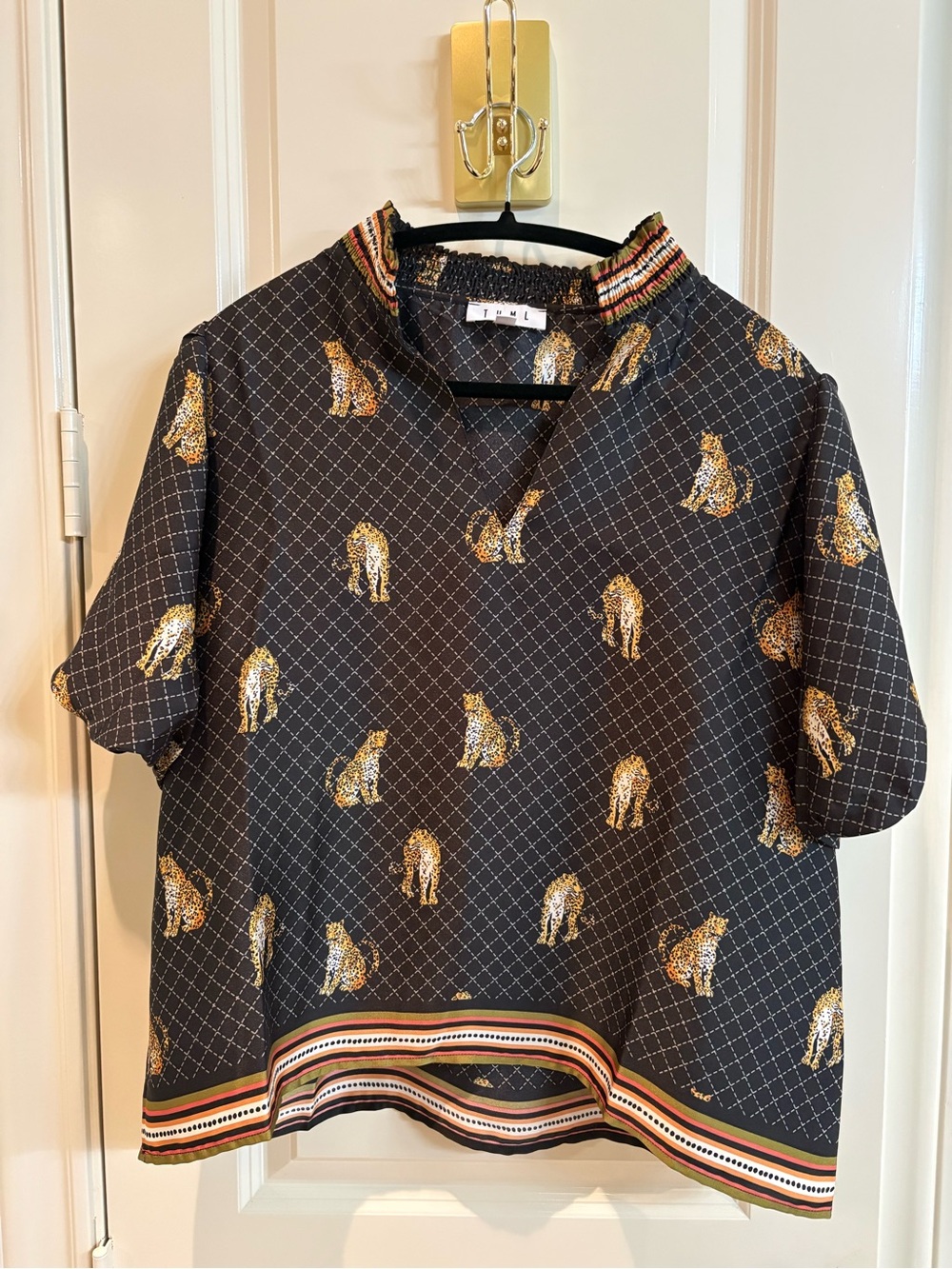 THML Black Short Sleeve Blouse with Gold Leopard Print and Striped Trim